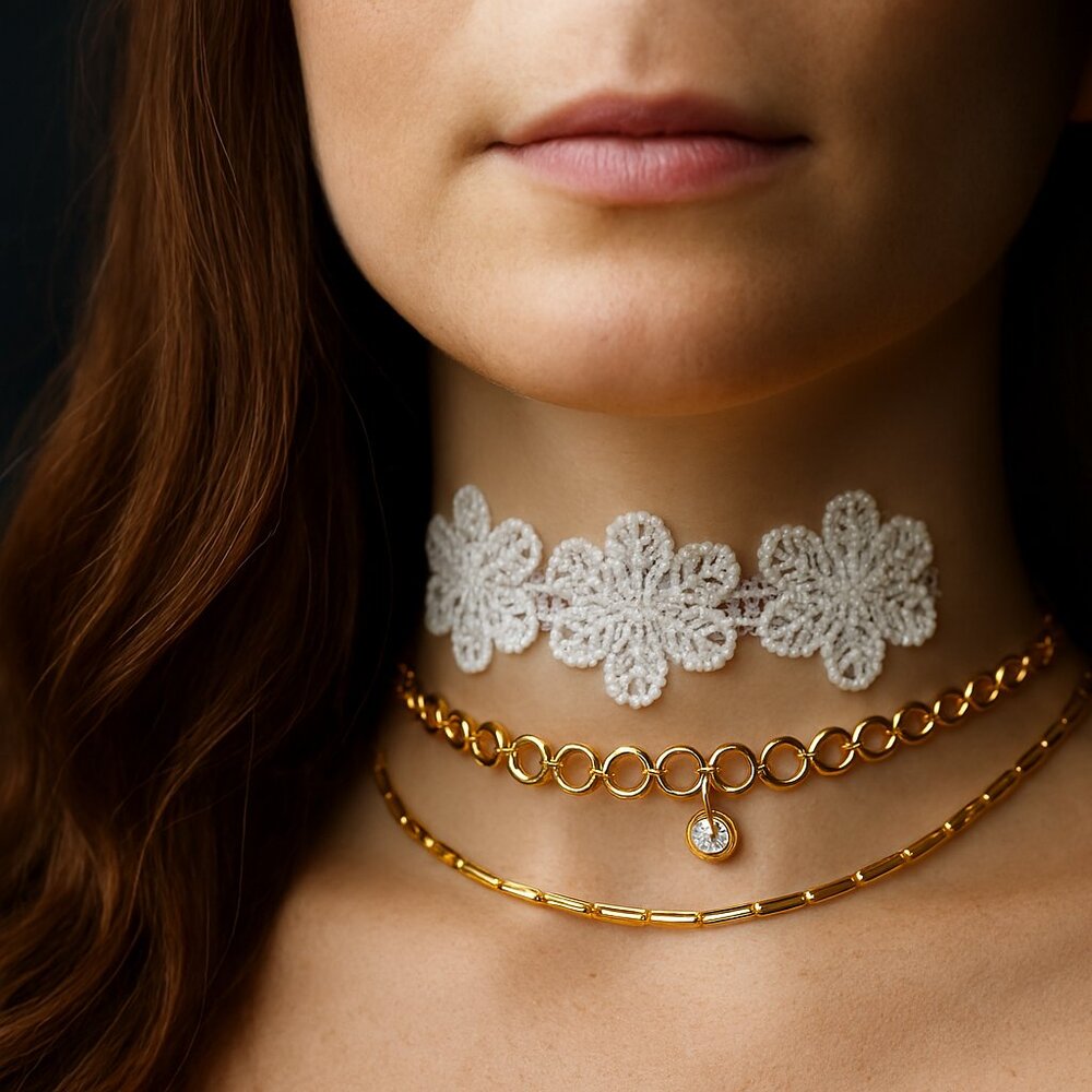 Boho Statement Choker Set – Lace & Gold Beads, 3 Styles - Fashion Jewelry
